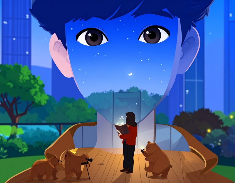 Firefly_Create a modern, futuristic scene featuring a cartoon version of myself at the center 199455